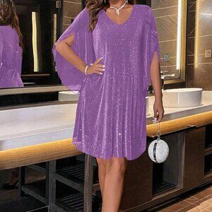 Purple Party Women's Sparkly Flare Sleeves Dress
